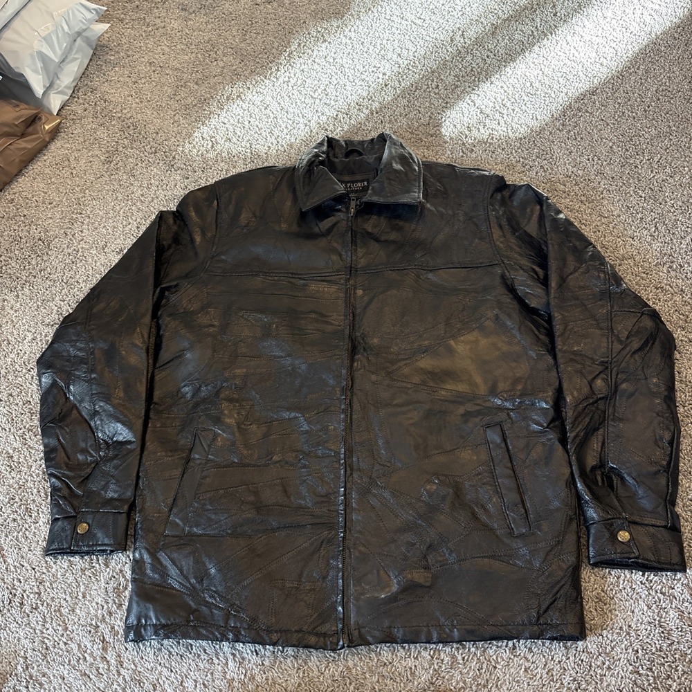Explorer Leather Jacket Mens Large Tall / LT Black Collared Full Zip Bomber Art